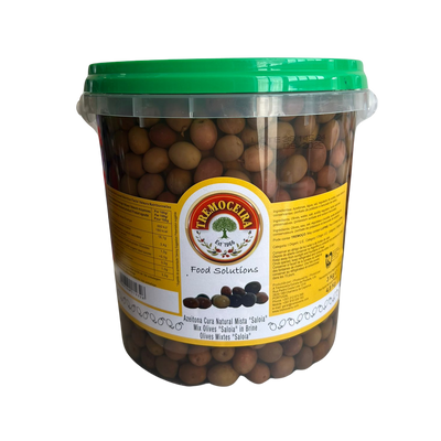 A plastic jar containing hand-picked mixed olives, with a green lid and a label displaying the brand Saloia.