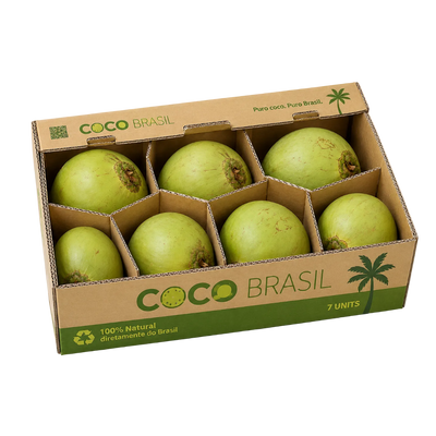 Box of green coconuts with 'Coco Brasil' branding on a white background