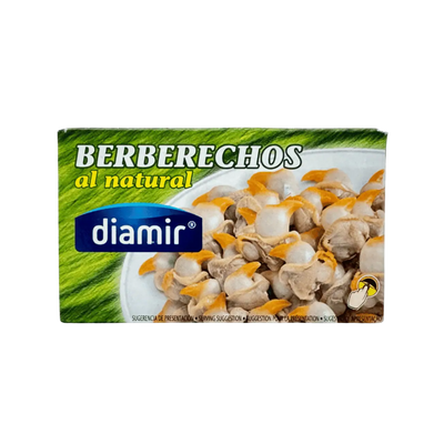 Packaging of Diamir Berberechos al natural with a bowl of food on a white background