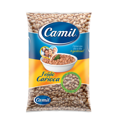 Package of Camil Carioca Beans, 1kg, with product information and branding visible.