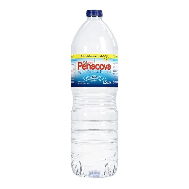 A 1.5L bottle of Penacova Aqu Mare Nostrum spring water, featuring a clear plastic bottle with a blue cap and a blue and yellow label, set against a plain white background.