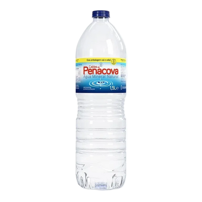 A 1.5L bottle of Penacova Aqu Mare Nostrum spring water, featuring a clear plastic bottle with a blue cap and a blue and yellow label, set against a plain white background.
