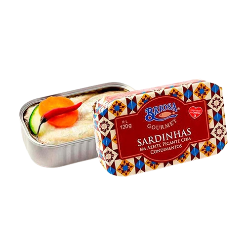 A tin can of Briosa Gourmet sardines in olive oil with a colorful label, partially opened to show the sardines inside.