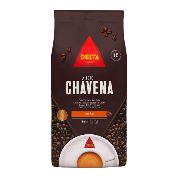 A package of Delta brand Chávena coffee beans. The package is predominantly black and red, with images of coffee beans and a cup of coffee.