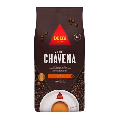 A package of Delta brand Chávena coffee beans. The package is predominantly black and red, with images of coffee beans and a cup of coffee.