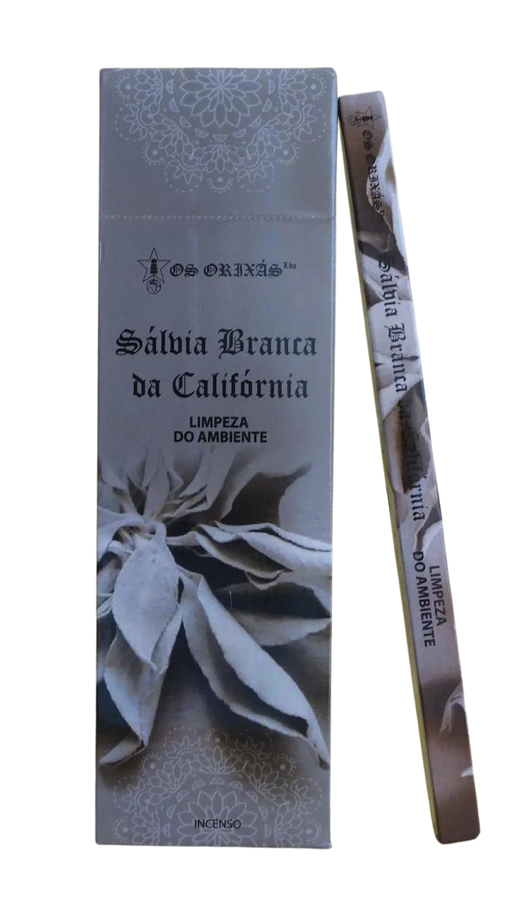 A bundle of white sage incense with a decorative label that includes floral and spiritual-themed text.