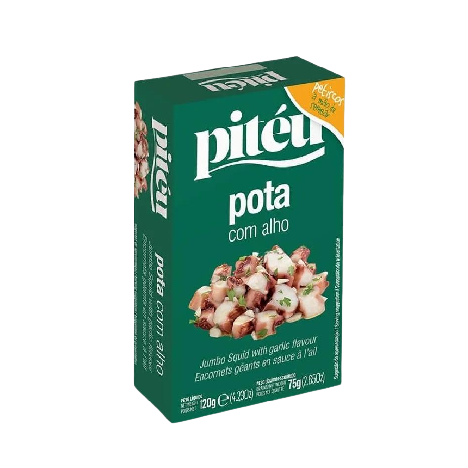 A canned product labeled 'PITEU POTA COM A GARLIC' which appears to be a seafood product with potatoes and garlic.