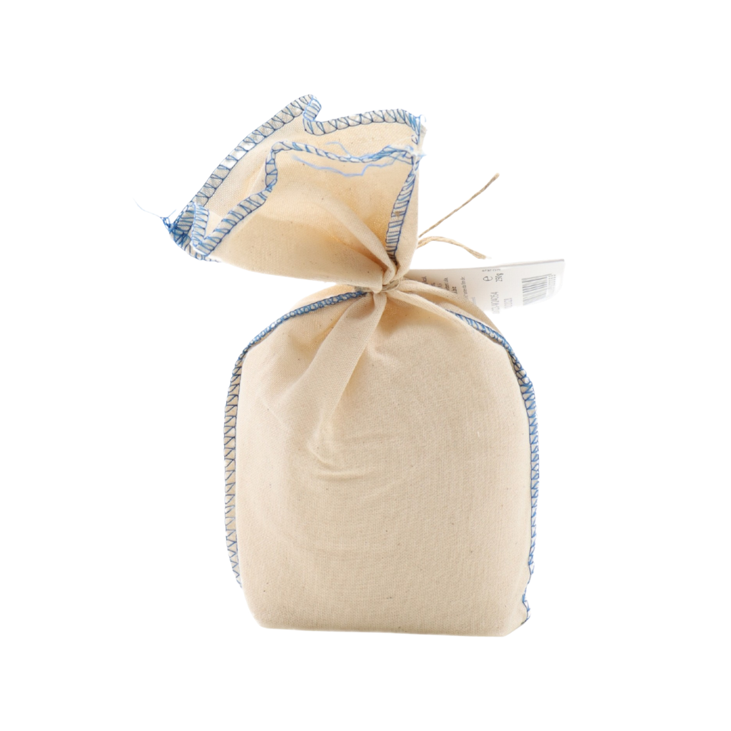 Beige drawstring bag with blue trim on a white background