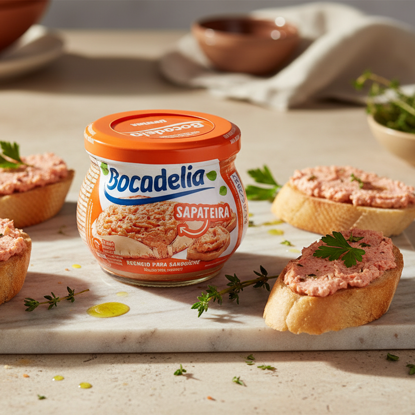 Jar of Bocadelia Sapateira spread on a marble surface with bread slices.