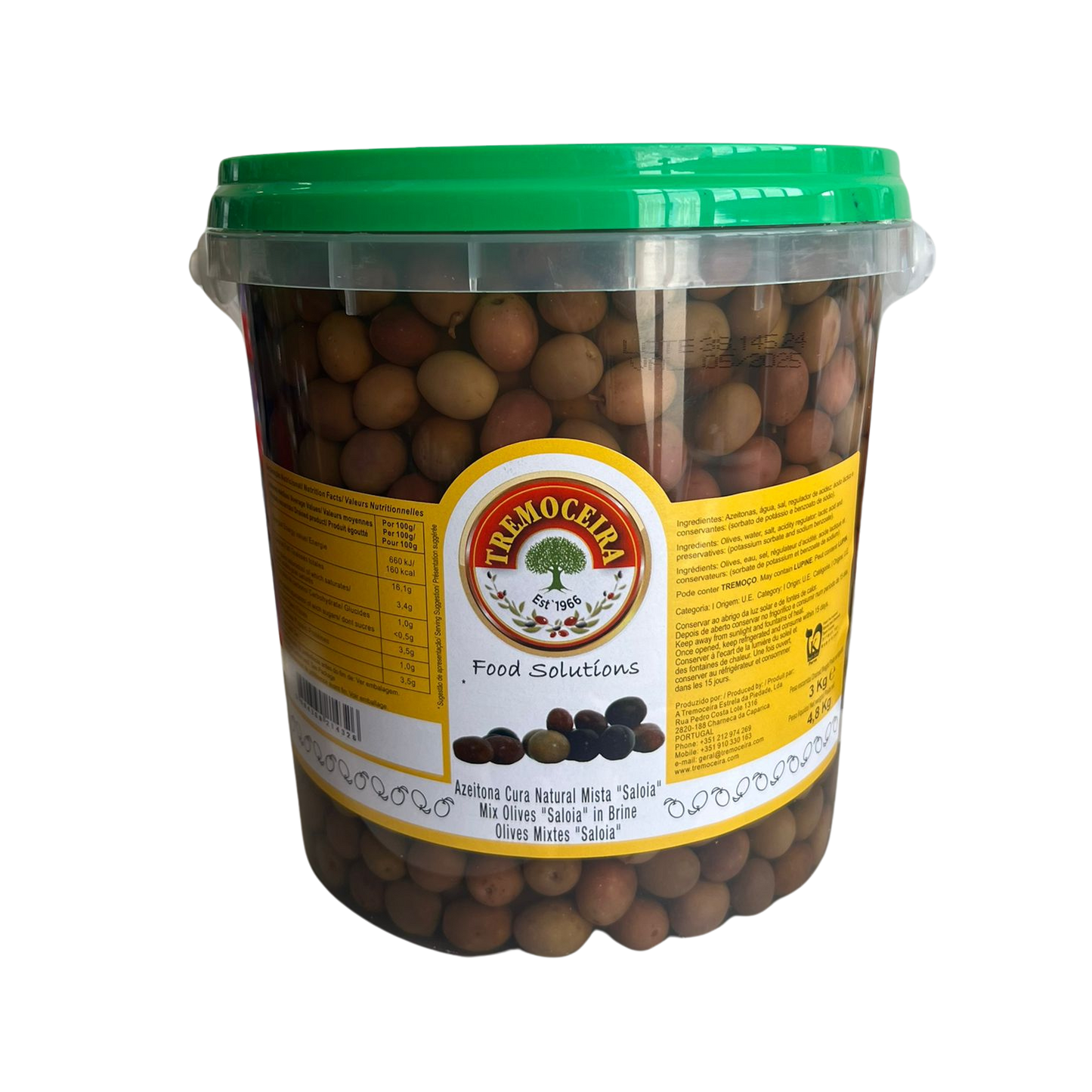 A plastic jar containing hand-picked mixed olives, with a green lid and a label displaying the brand Saloia.