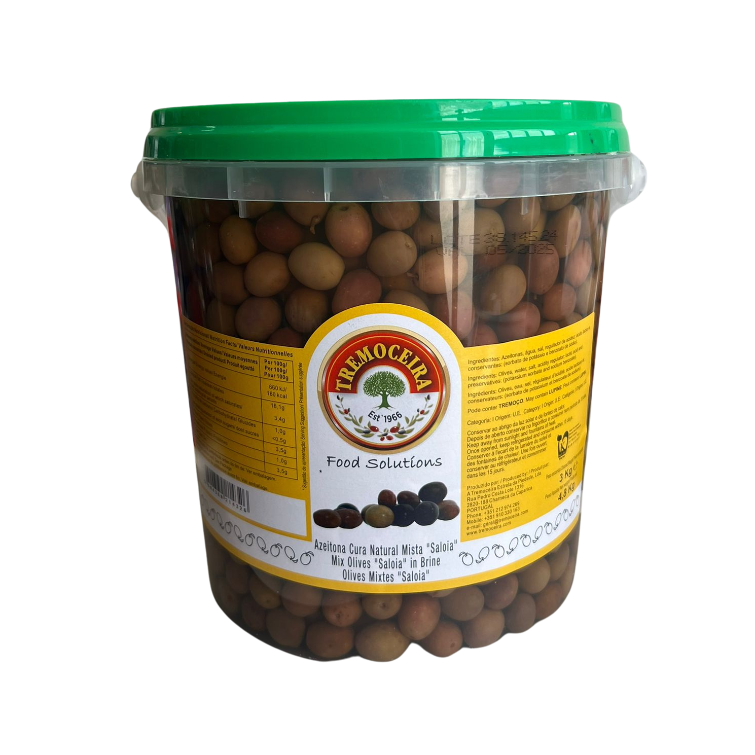A plastic jar containing hand-picked mixed olives, with a green lid and a label displaying the brand Saloia.
