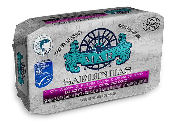 Sardinhas Mar em azeite virgem extra biológico com pimenta de caiena e sabor fumado - 120g