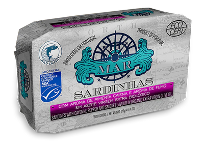 Sardinhas Mar em azeite virgem extra biológico com pimenta de caiena e sabor fumado - 120g