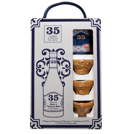 Packen Sie Portugal Licor 35 mit Pralinen und 3 Fayence-Gläsern
