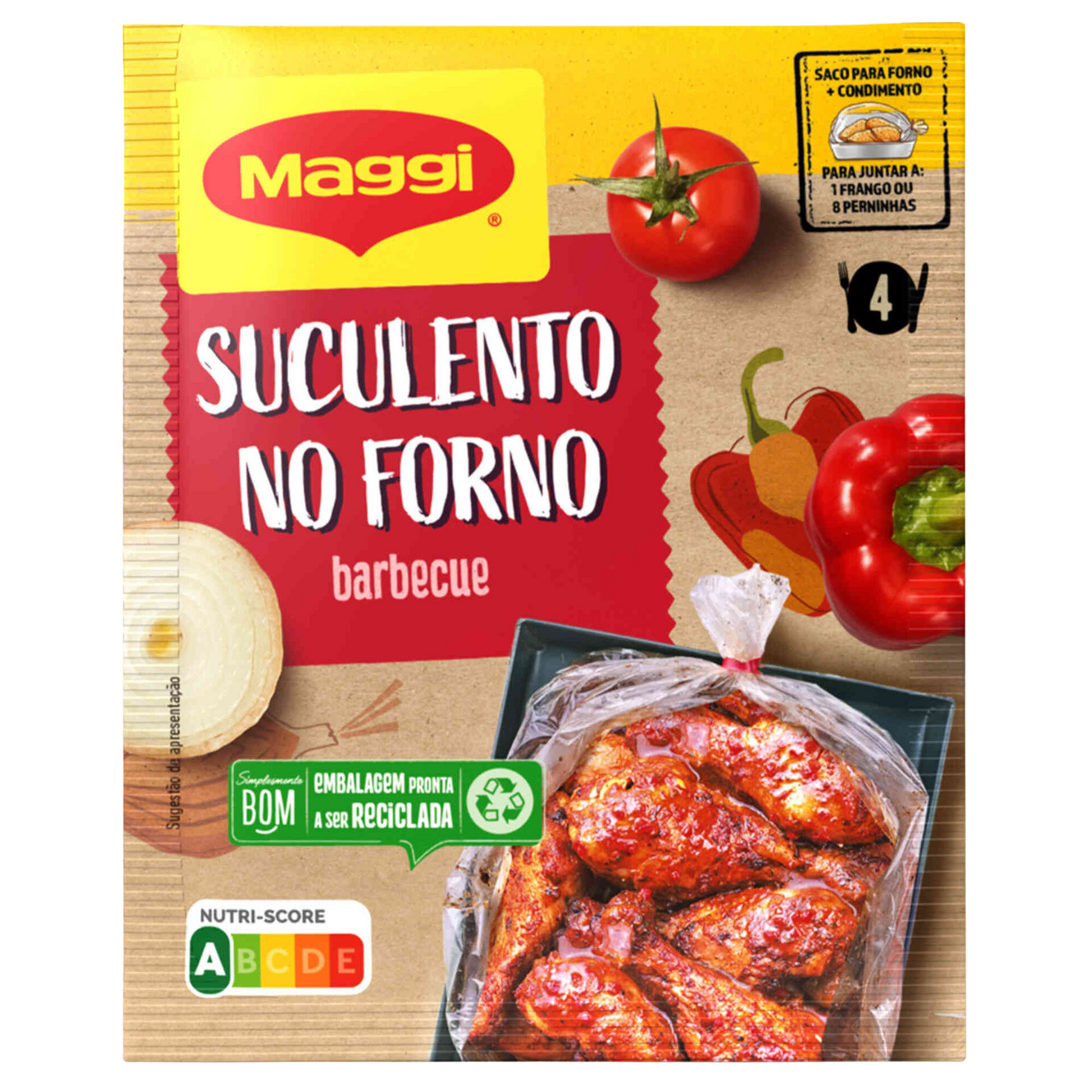 Maggi barbecue seasoning packet with ingredients and product on a white background