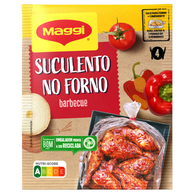 Maggi barbecue seasoning packet with ingredients and product on a white background