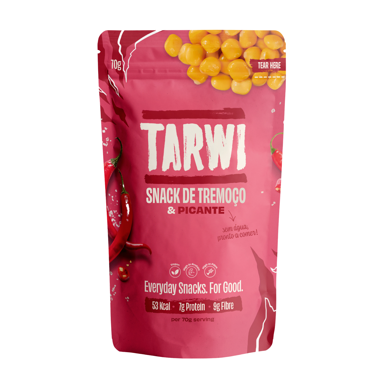 Pink snack package with yellow berries labeled 'Tarwi' on a white background