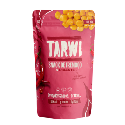 Pink snack package with yellow berries labeled 'Tarwi' on a white background
