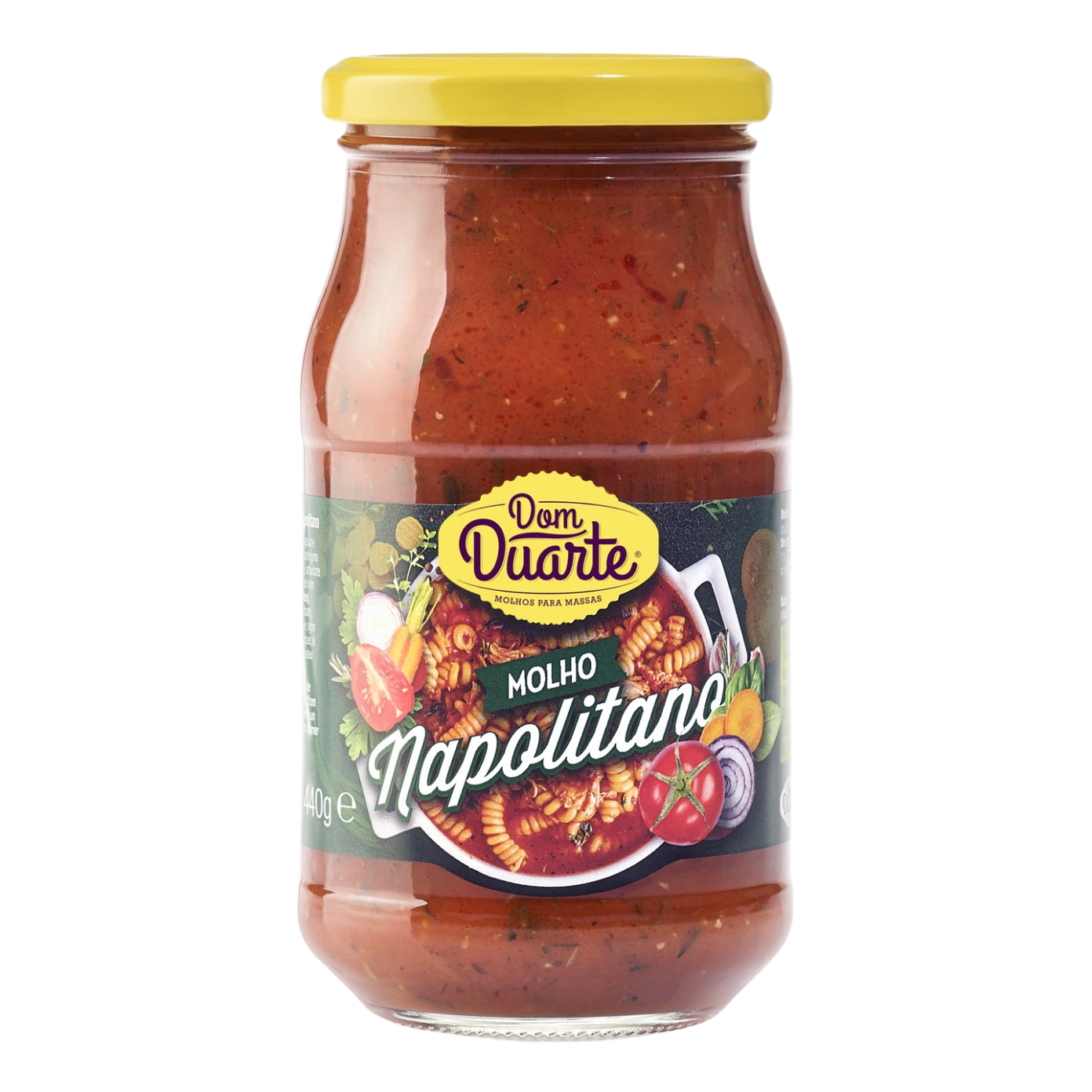A jar of Dom Duarte Molho Napolitano, a classic Italian sauce, with a label showing tomatoes and herbs.