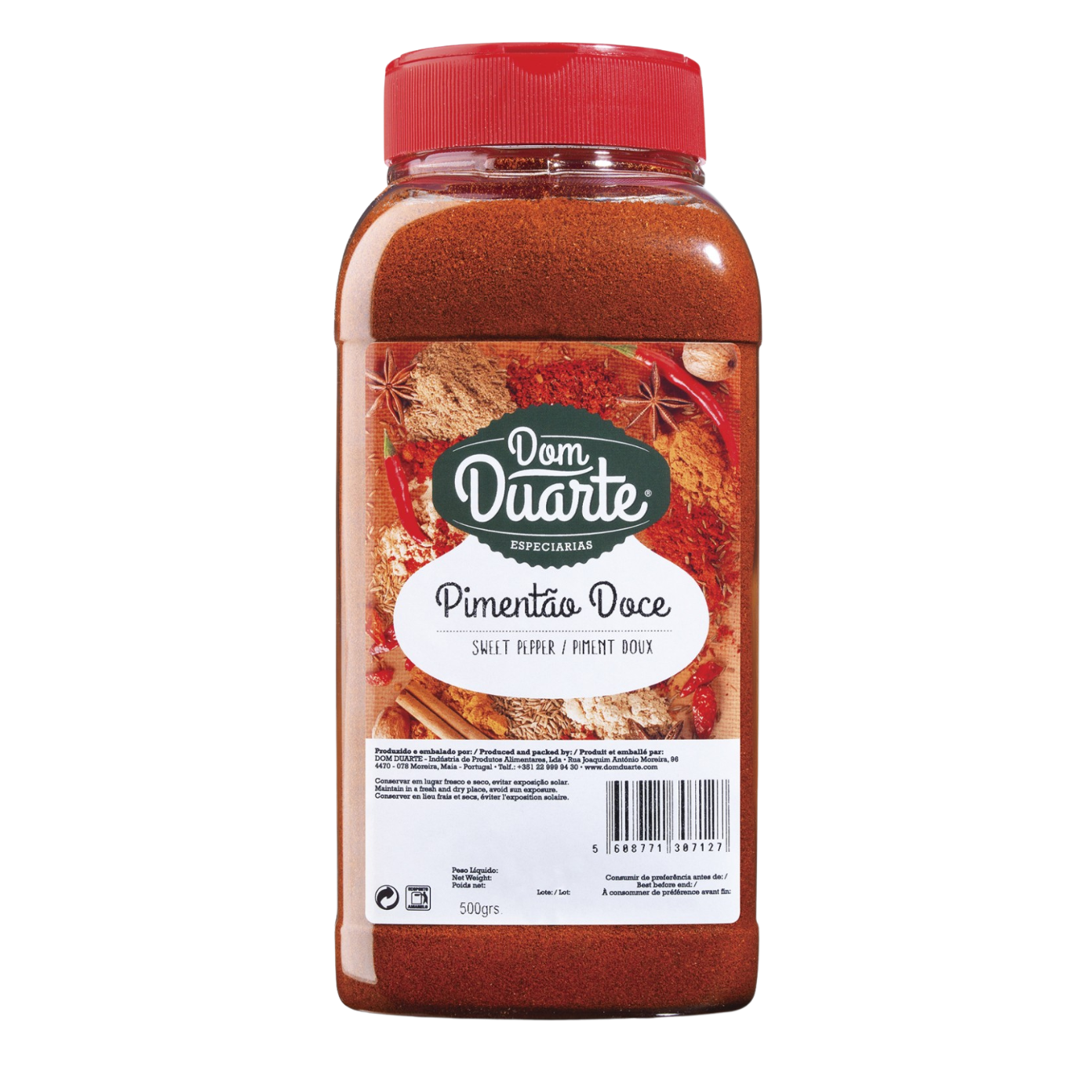 A plastic jar of Dom Duarte sweet pepper spice, labeled as 'Pimentão Doce' with a weight indication of 500g.