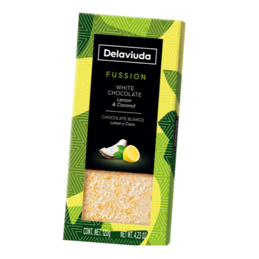 Packaging of Delaviuda White Chocolate, Lemon and Coconut Tablet showing the product and its name, with a green and yellow design.