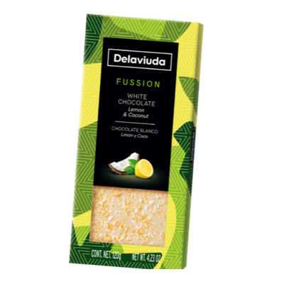Packaging of Delaviuda White Chocolate, Lemon and Coconut Tablet showing the product and its name, with a green and yellow design.