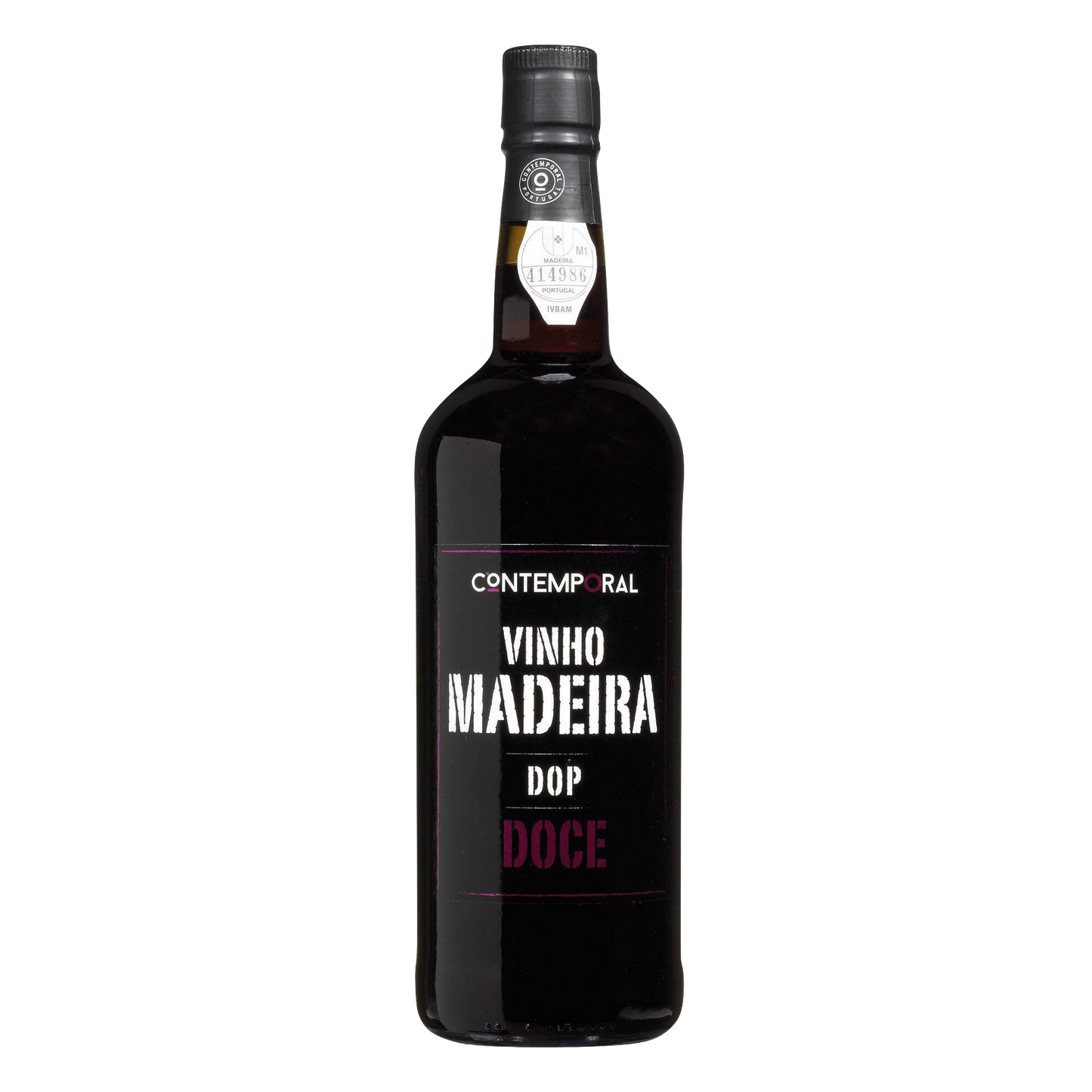 Bottle of Madeira wine with a black label on a white background