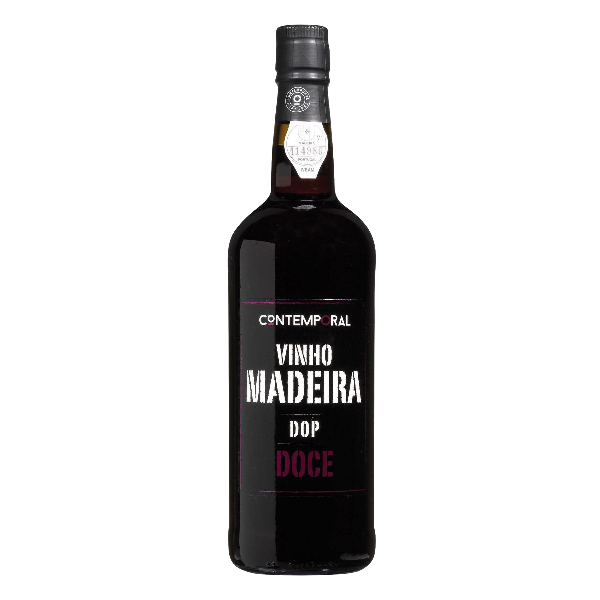 Bottle of Madeira wine with a black label on a white background