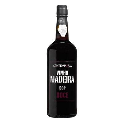 Bottle of Madeira wine with a black label on a white background