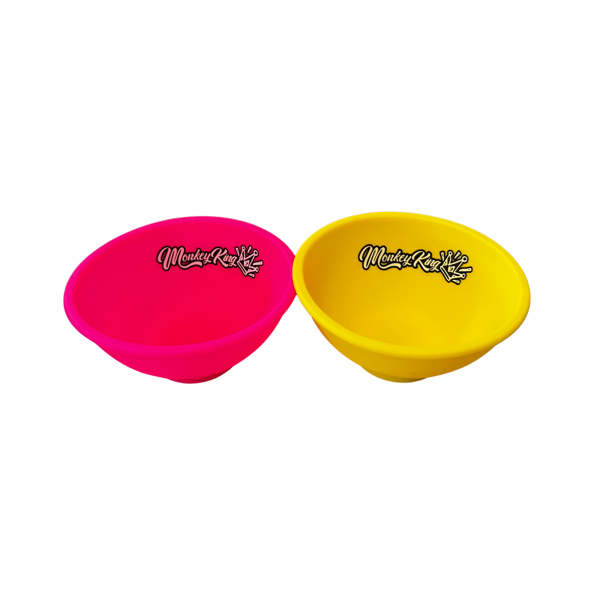 Two colorful silicone bowls with a brand logo on a white background