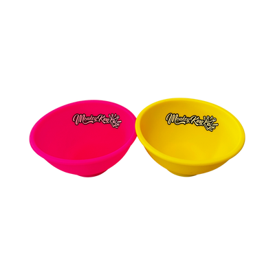 Two colorful silicone bowls with a brand logo on a white background