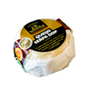 Round cheese with a black label on a white background