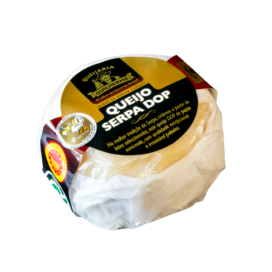 Round cheese with a black label on a white background