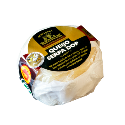 Round cheese with a black label on a white background