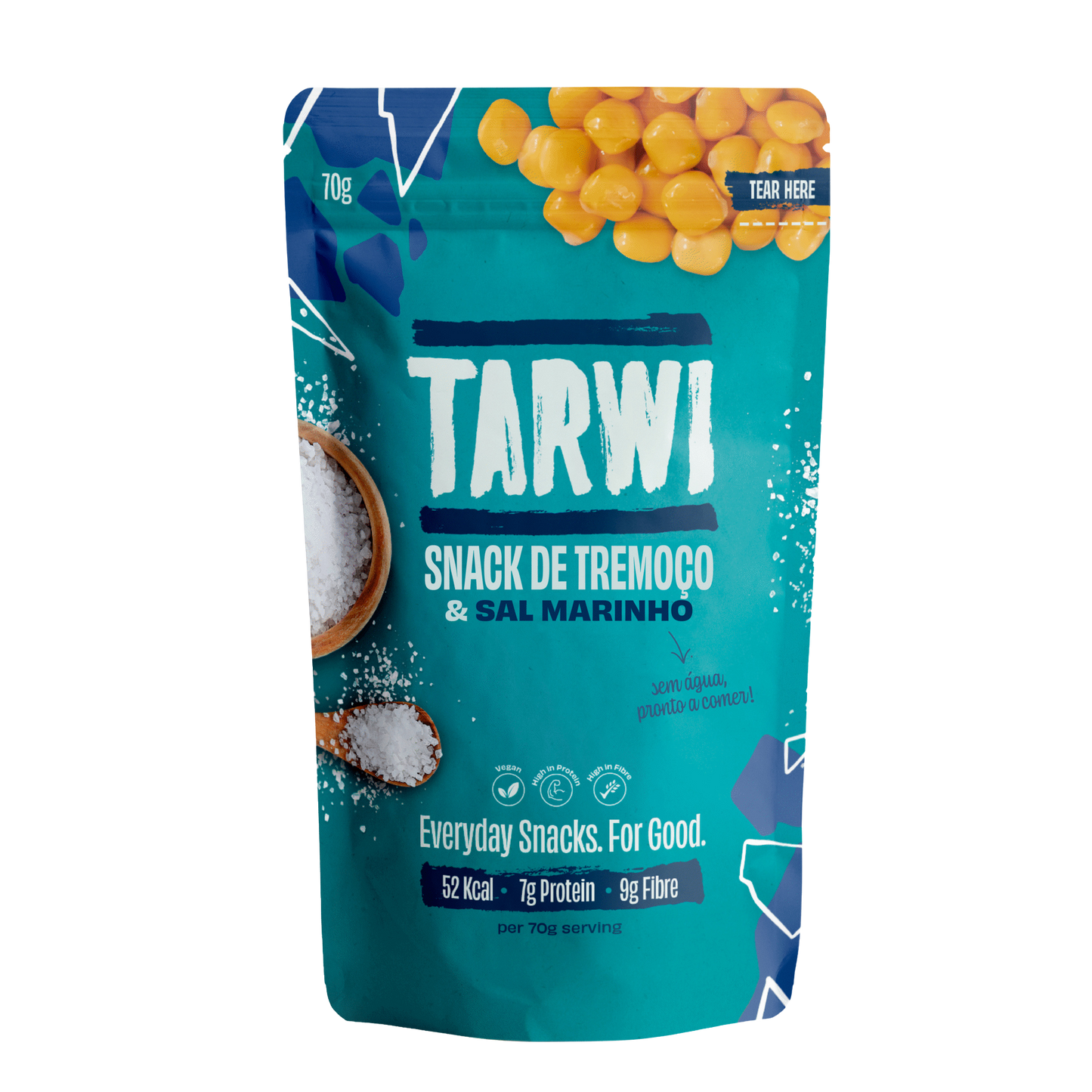 Teal snack package with yellow snacks and 'Tarwi' branding on a white background