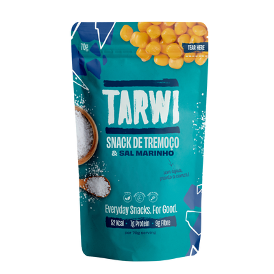 Teal snack package with yellow snacks and 'Tarwi' branding on a white background