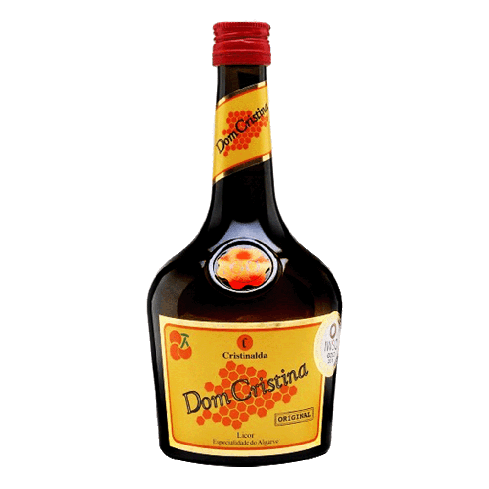 A bottle of Dom Cristina Brandy Honey Liqueur with a red cap and a label featuring images of brandy berries.