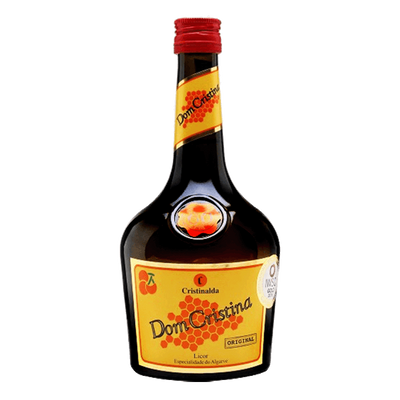 A bottle of Dom Cristina Brandy Honey Liqueur with a red cap and a label featuring images of brandy berries.