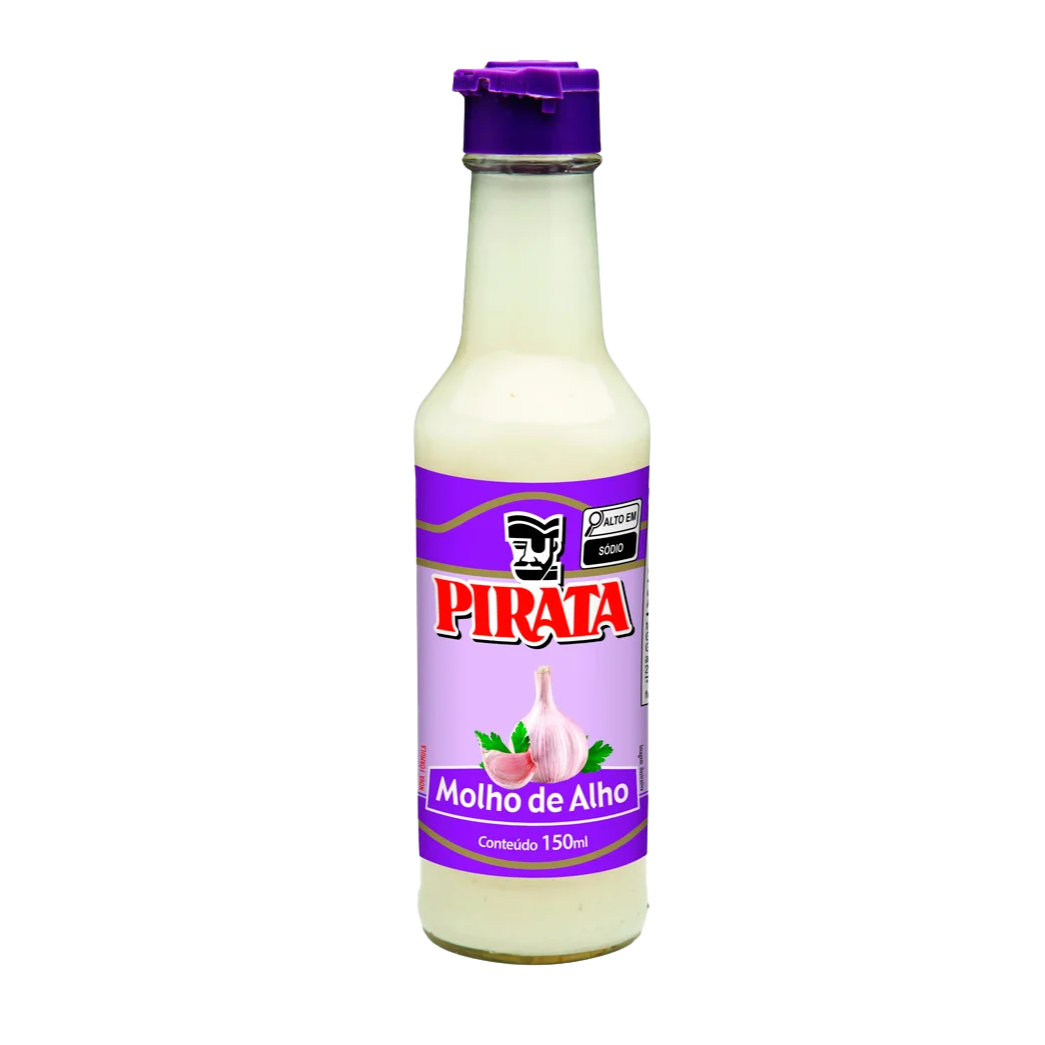 Bottle of Pirata Garlic Sauce on a white background