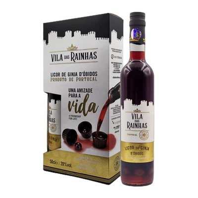 Vila das Rainhas liquor bottle and packaging on a white background