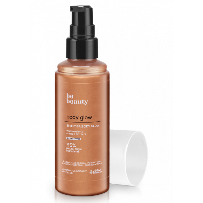 Bottle of 'be beauty' body glow product on a white background