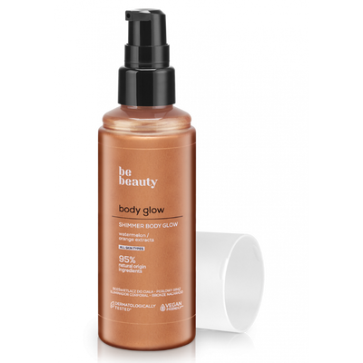 Bottle of 'be beauty' body glow product on a white background