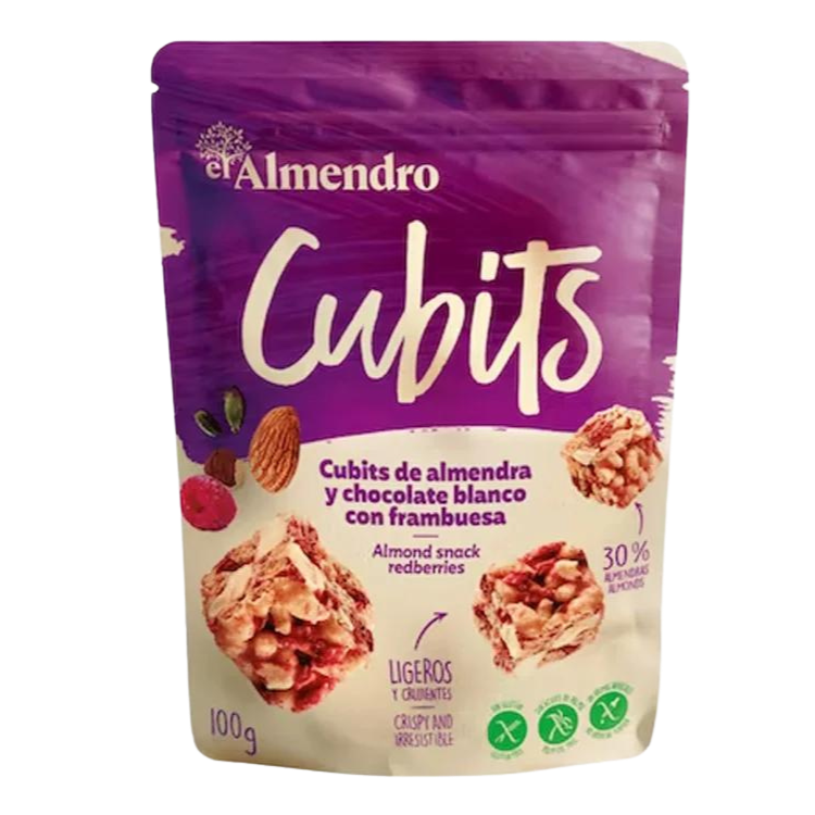Packaging of El Almendro Cubits, which are almond snacks with white chocolate and raspberries.