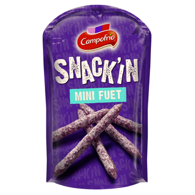 Packaging of Campofrio Mini Fuet Sticks with the brand logo and product name visible.
