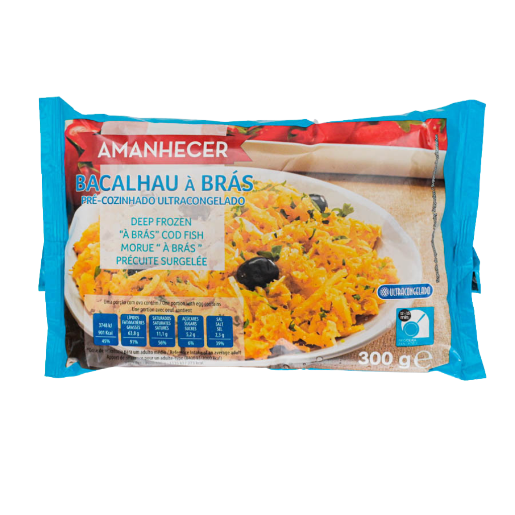 A package of Amanhecer Bacalau a Brás deep frozen cooked cod fish, featuring a blue wrapper with a photo of the prepared yellow-orange fish dish on a white plate.