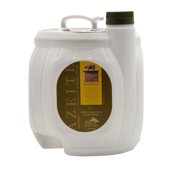 A 5-liter bottle of Azeite de Murça olive oil with a white label, featuring an image of an olive tree and text indicating the product is extra virgin olive oil with 0.2% acidity.