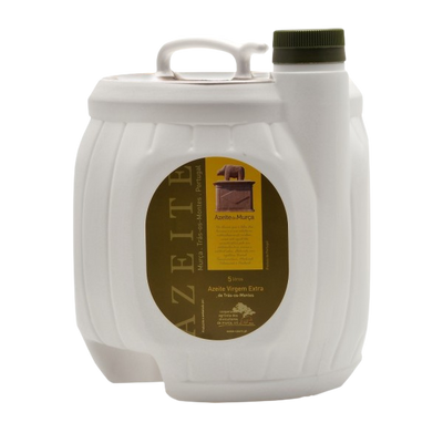 A 5-liter bottle of Azeite de Murça olive oil with a white label, featuring an image of an olive tree and text indicating the product is extra virgin olive oil with 0.2% acidity.
