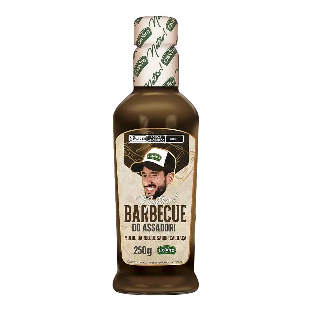Barbecue sauce bottle with a label featuring a man's face on a white background