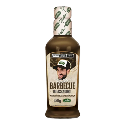 Barbecue sauce bottle with a label featuring a man's face on a white background