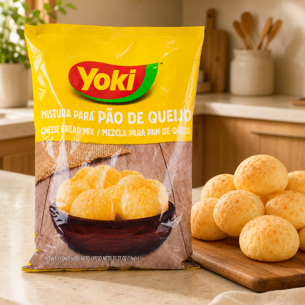 A bag of Yoki Cheese Bread Mix (Mistura para Pão de Queijo) on a kitchen counter next to fresh golden-brown bread rolls.